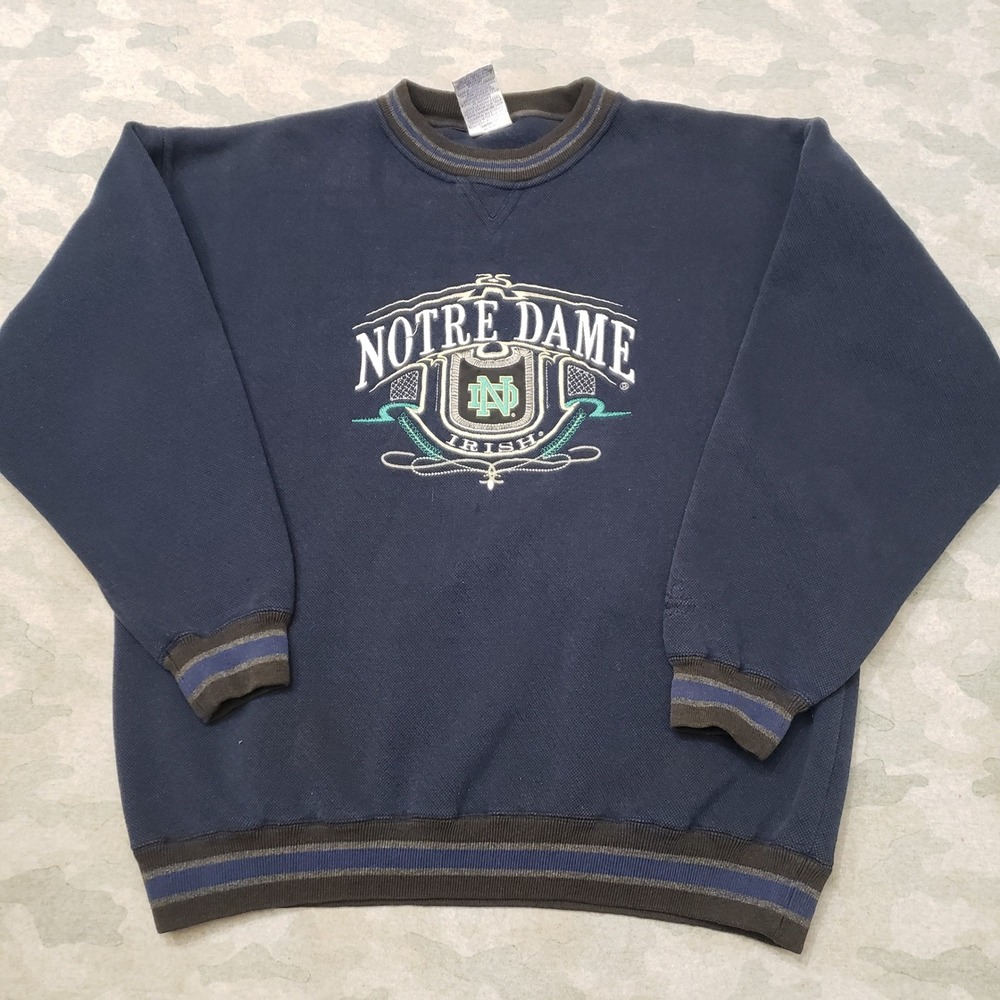 VTG Notre Dame Irish Sweater Mens Large Blue Pullover Crew Neck Embroidered